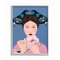 Ступел индустрии китайска жена и цвете розово синьо Живопис сива рамка изкуство печат стена изкуство, 16х20